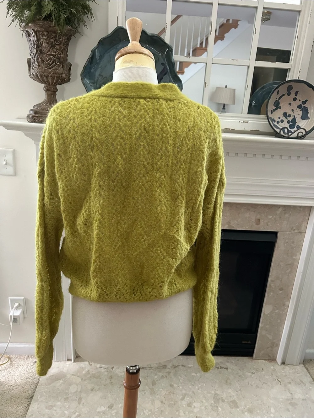 Free People Fuzzy Oversized V-Neck Alpaca Cardigan in Mossy Yellow-Green